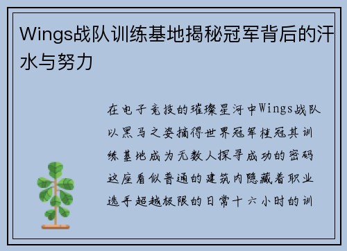 Wings战队训练基地揭秘冠军背后的汗水与努力