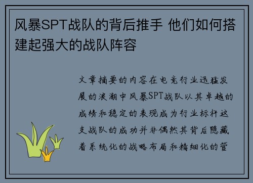 风暴SPT战队的背后推手 他们如何搭建起强大的战队阵容